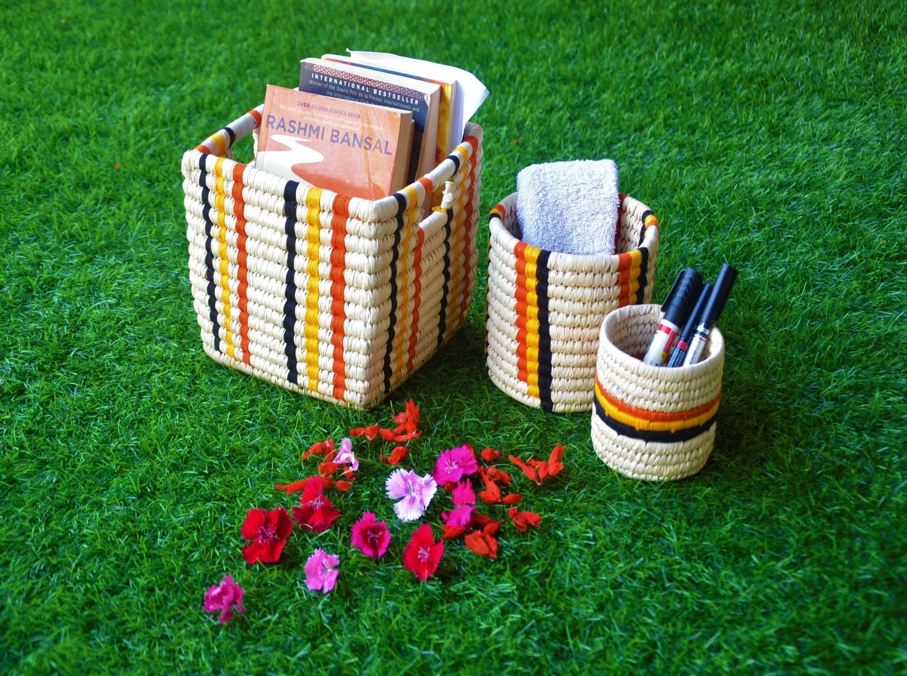 Cylindrical Set of 3 Woven Baskets with Decorative Patterns