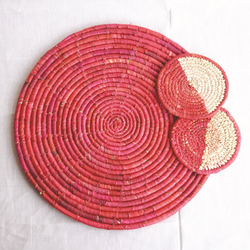 Decorative Red Woven Placemat and Coasters Set - Made with Natural Fibre | KalaGhar