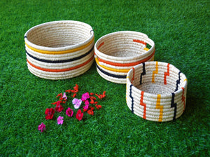 Cylindrical Decorative Patterned Woven Storage Basket Set of 3 | KalaGhar