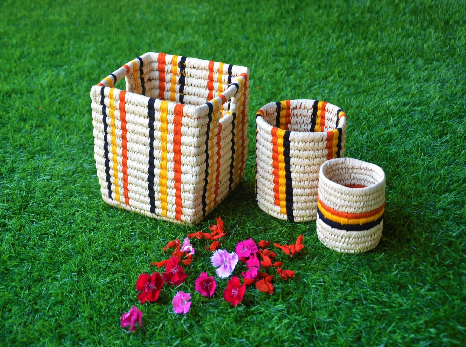 Cylindrical Set of 3 Woven Baskets with Decorative Patterns