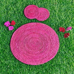 Decorative Pink Woven Placemat and Coasters Set - Made with Natural Fibre | KalaGhar