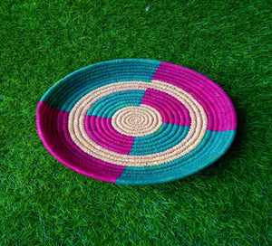 Green and Pink Patterned and Round Woven Fruit and Bread Basket | KalaGhar