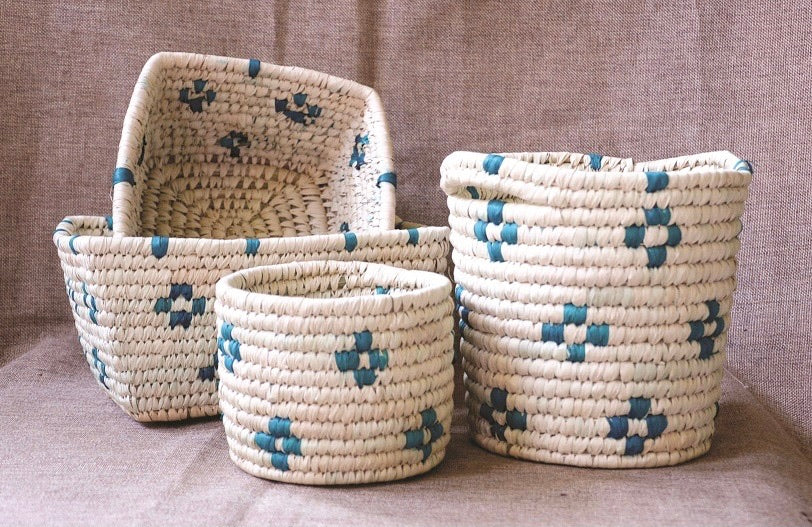Handwoven Patterned Baskets for Storage in Green -  Set of Four | KalaGhar